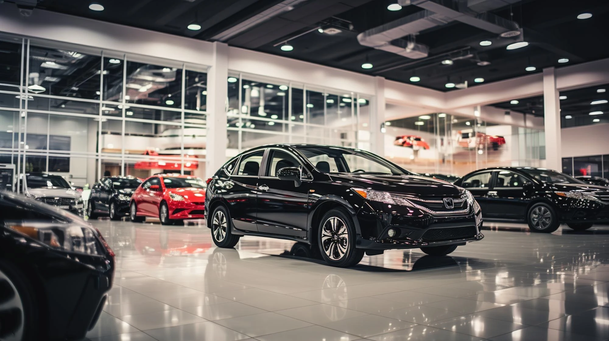 Premium luxury car showroom with sleek modern interiors and expansive display space.